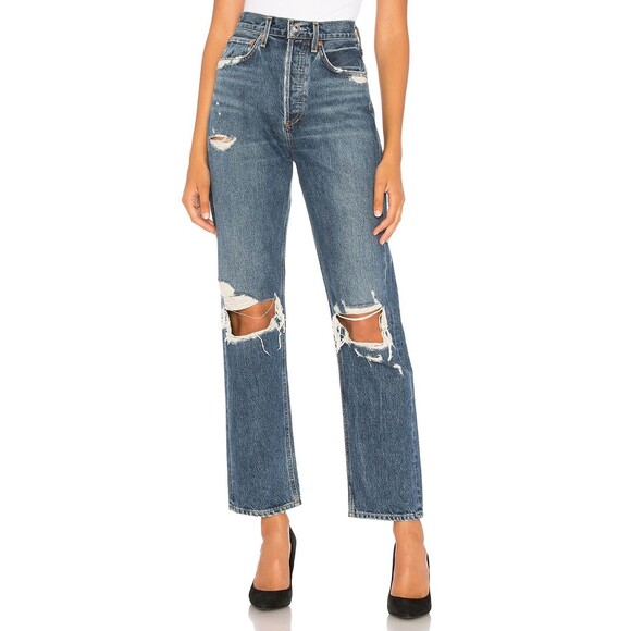 Agolde Womens 90s High Rise Loose Fit Distressed Blue Jeans Psyche Wash Size 28 - Picture 1 of 4